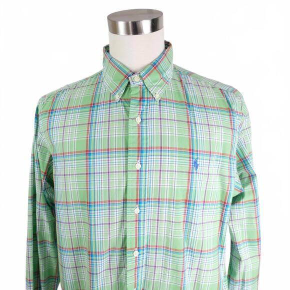 Polo Ralph Lauren Button Down Shirt Mens Custom Fit XL Madras Plaid Green - Picture 1 of 11